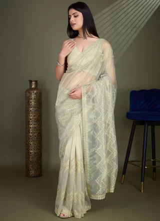 Off White Net Embroidered and Sequins Work Classic Saree for Casual