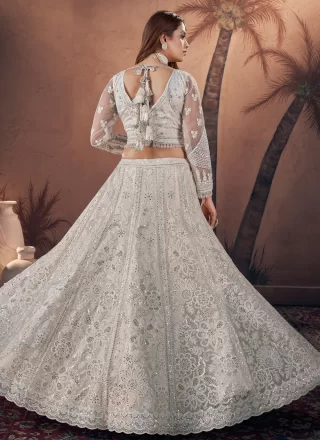 Off White Net Embroidered, Hand and Sequins Work A - Line Lehenga Choli for Women