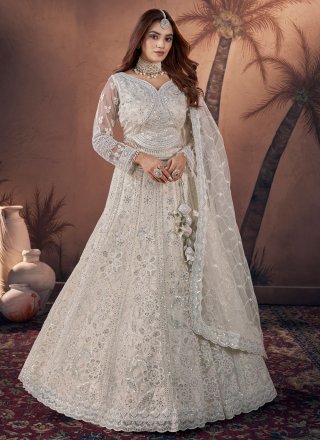 Off White Net Embroidered, Hand and Sequins Work A - Line Lehenga Choli for Women