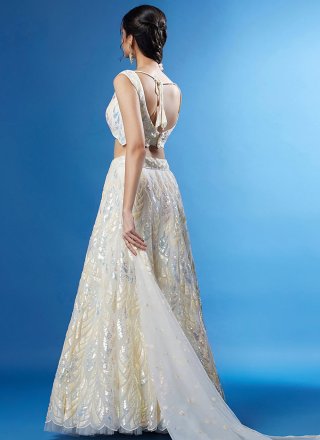 Off White Net Lehenga Choli with Embroidered, Sequins and Thread Work