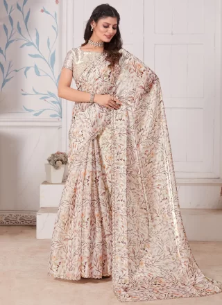 Off White Organza Classic Sari with Cut and Digital Print Work for Women