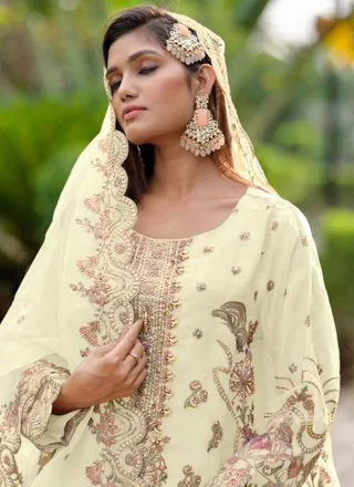 Off White Organza Embroidered and Khatli Work Pakistani Salwar Suit for Women