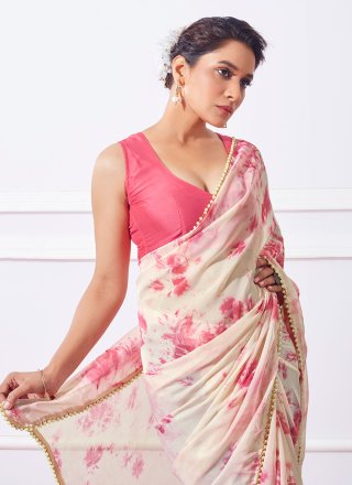 Off White Organza Trendy Saree with Lace Work for Women