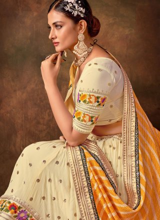 Off White Pure Georgette A - Line Lehenga Choli with Embroidered, Sequins and Thread Work