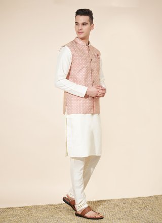 Off White Pure Silk Jacquard and Plain Work Kurta Payjama with Jacket for Ceremonial