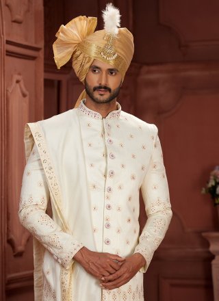 Off White Pure Silk Sherwani Mens Wear with Embroidered, Hand and Sequins Work for Ceremonial