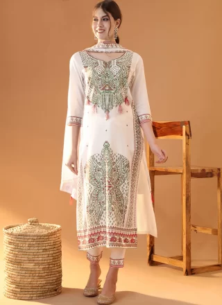 Off White Rayon Block Print Work Salwar Suit