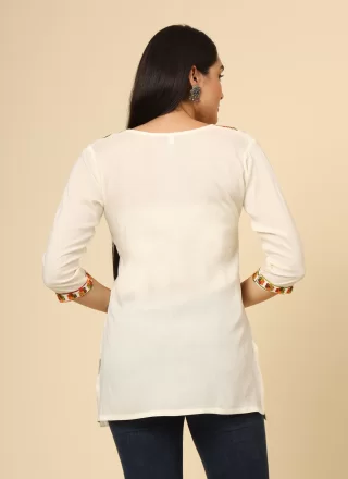 Off White Rayon Casual Kurti with Chikankari, Embroidered and Thread Work for Women