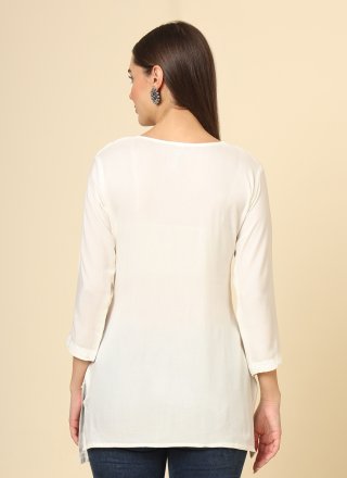 Off White Rayon Chikankari, Embroidered and Lucknowi Work Work Casual Kurti