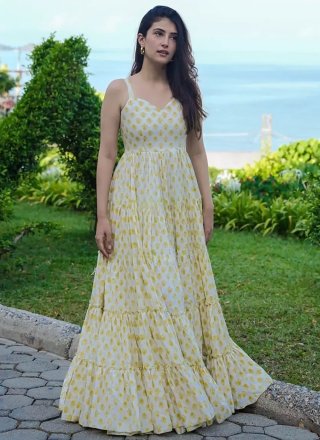 Off White Rayon Designer Gown with Digital Print Work