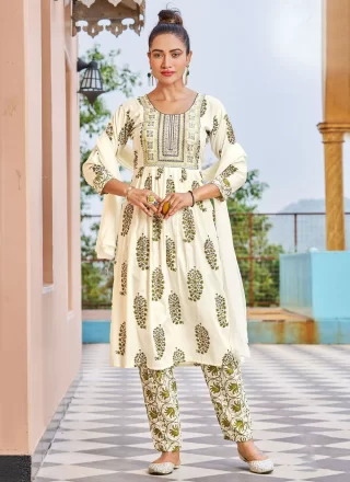 Off White Rayon Digital Print and Embroidered Work Salwar Suit for Women