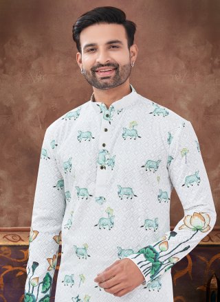 Off White Rayon Digital Print Work Kurta Pyjama for Ceremonial
