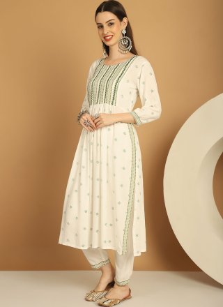 Off White Rayon Embroidered and Print Work Trendy Suit