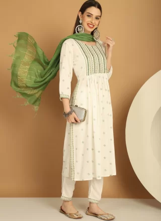Off White Rayon Embroidered and Print Work Trendy Suit