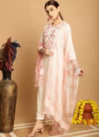Off White Rayon Embroidered Work Readymade Salwar Suit for Ceremonial