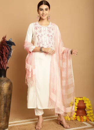 Off White Rayon Embroidered Work Readymade Salwar Suit for Ceremonial