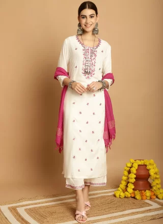 Off White Rayon Readymade Salwar Suit with Embroidered Work for Ceremonial