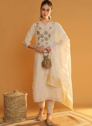 Off White Silk Embroidered Work Salwar Suit for Ceremonial