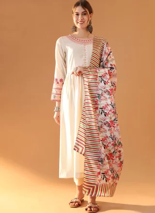 Off White Silk Embroidered Work Salwar Suit for Women