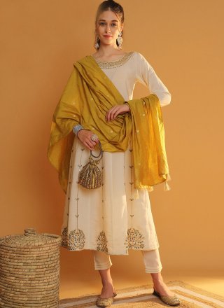 Off White Silk Readymade Salwar Suit with Embroidered Work