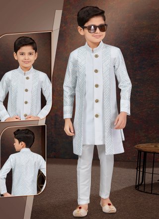Off White Silk Sherwani Kids Wear with Machine Embroidery, Stone and Thread Work