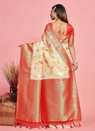 Off White Silk Weaving Work Classic Sari for Party