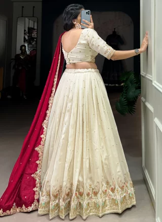 Off White Vichitra Silk Lehenga Choli with Embroidered, Sequins and Thread Work