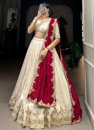 Off White Vichitra Silk Lehenga Choli with Embroidered, Sequins and Thread Work