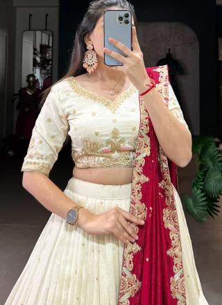 Off White Vichitra Silk Lehenga Choli with Embroidered, Sequins and Thread Work