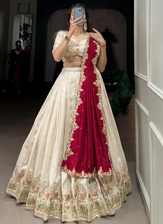 Off White Vichitra Silk Lehenga Choli with Embroidered, Sequins and Thread Work