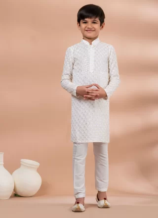 Off White Viscose Kurta Pyjama with Embroidered Work for Kid