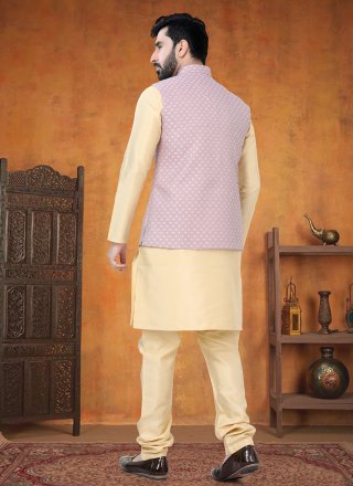 Opulent Gold and Purple Silk Kurta Payjama with Jacket with Print Work
