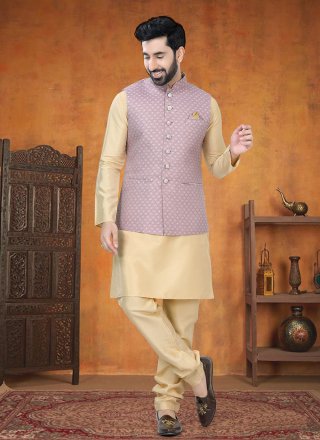 Opulent Gold and Purple Silk Kurta Payjama with Jacket with Print Work