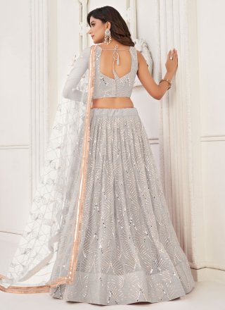 Opulent White Net A - Line Lehenga Choli with Embroidered, Mirror, Sequins and Thread Work