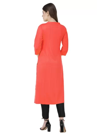 Orange and Pink Blended Cotton Embroidered Work Designer Kurti