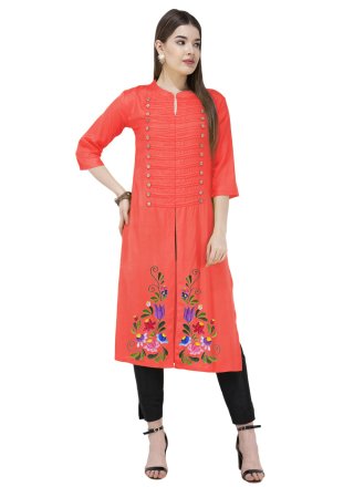 Orange and Pink Blended Cotton Embroidered Work Designer Kurti