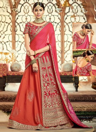 Orange and Pink Raw Silk Trendy Saree with Embroidered and Gota Work for Engagement