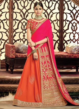 Orange and Pink Raw Silk Trendy Saree with Embroidered and Gota Work for Engagement
