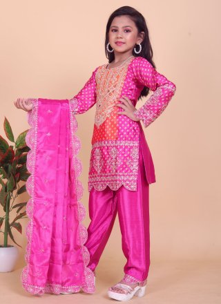 Orange and Rani Chinon Digital Print, Embroidered, Mirror and Sequins Work Salwar Suit for Kid