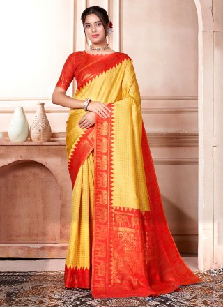 Orange and Yellow Kanjivaram Silk Woven Work Classic Saree