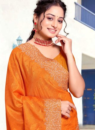Orange Art Silk Classic Saree with Patch Border, Embroidered and Zari Work