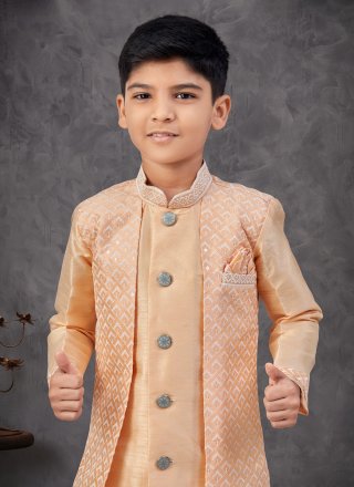 Orange Banarasi Silk Machine Embroidery, Stone and Thread Work Indo Western Sherwani