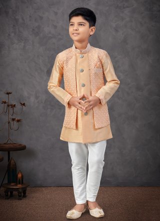 Orange Banarasi Silk Machine Embroidery, Stone and Thread Work Indo Western Sherwani