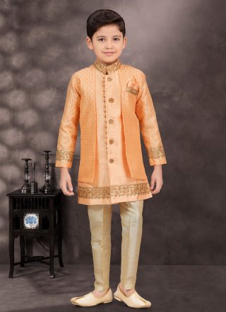 Orange Banarasi Silk Sherwani Kids Wear with Buttons, Stone and Thread Work