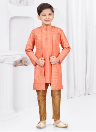 Orange Banarasi Silk Sherwani Kids Wear with Buttons, Stone and Thread Work