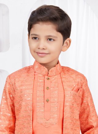 Orange Banarasi Silk Sherwani Kids Wear with Digital Print and Machine Embroidery Work for Engagement