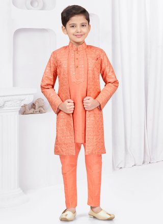 Orange Banarasi Silk Sherwani Kids Wear with Digital Print and Machine Embroidery Work for Engagement