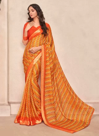Orange Chiffon Print Work Contemporary Sari