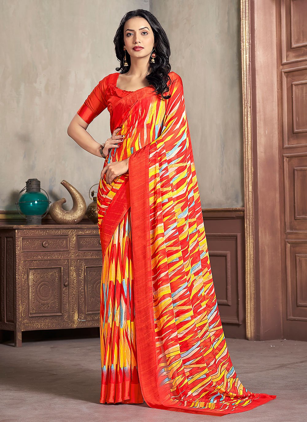 Banarasee Handwoven Semi-Chiffon Saree With Silver Zari Work-Orange