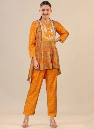 Orange Cotton Casual Kurti with Print Work